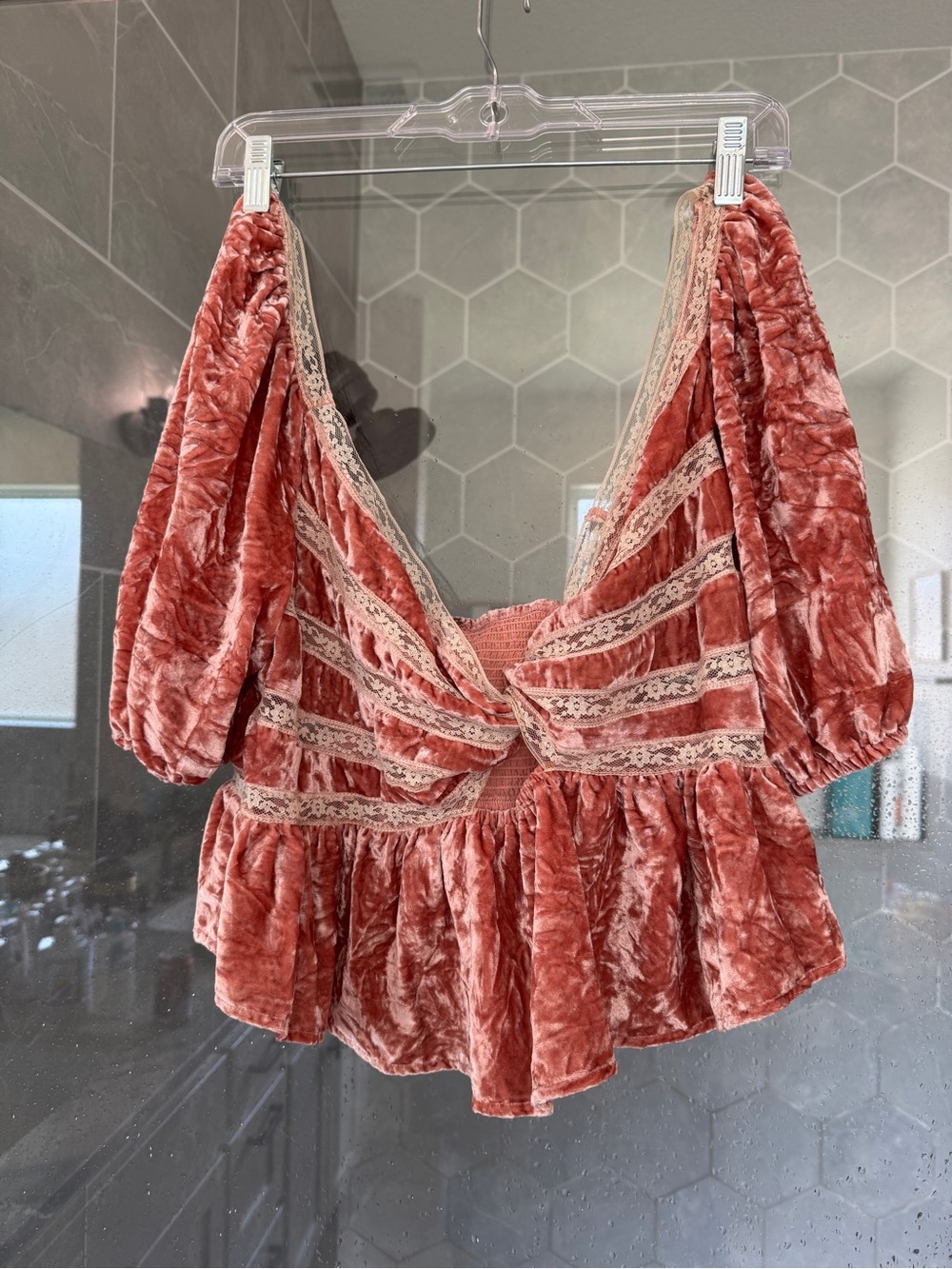 Free People Yours Truly Crushed Velvet Lace-Trim Peplum Top - Rose